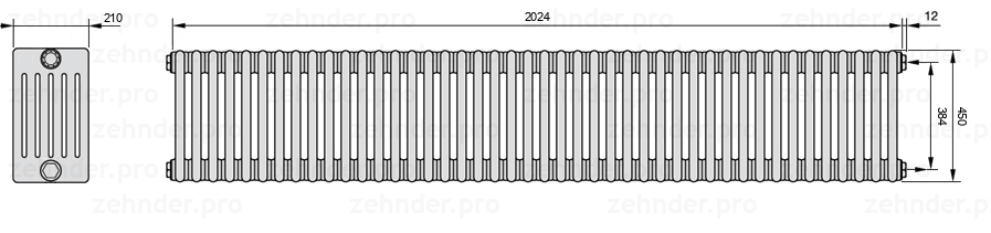 Схема (чертеж) Радиатор Zehnder Charleston 6045/44 №7610 Белый глянцевый RAL 9016